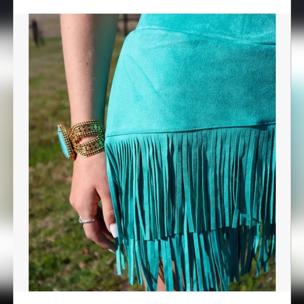 Turquoise Faux Suede Fringe Mini Skort - Picture 5 of 5